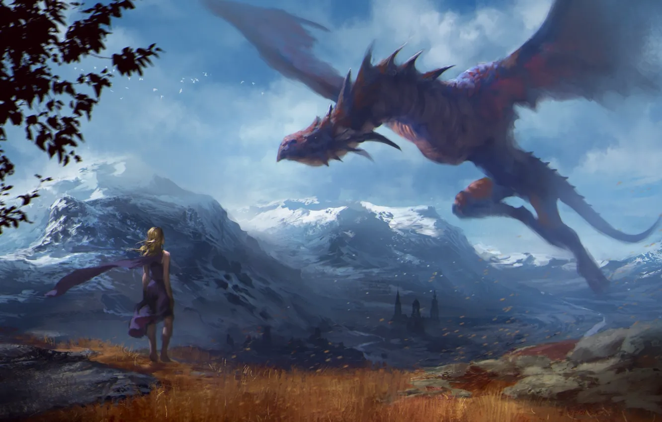 Photo wallpaper flight, mountains, dragon, Girl, Art, game of thrones, Daenerys Targaryen, Mother of Dragons