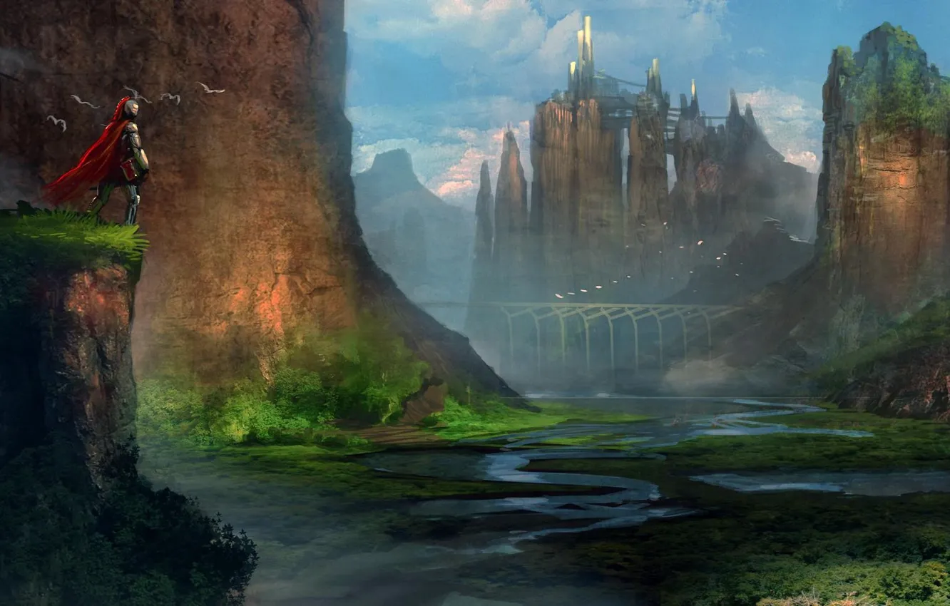 Photo wallpaper landscape, bridge, the city, river, castle, rocks, valley, warrior