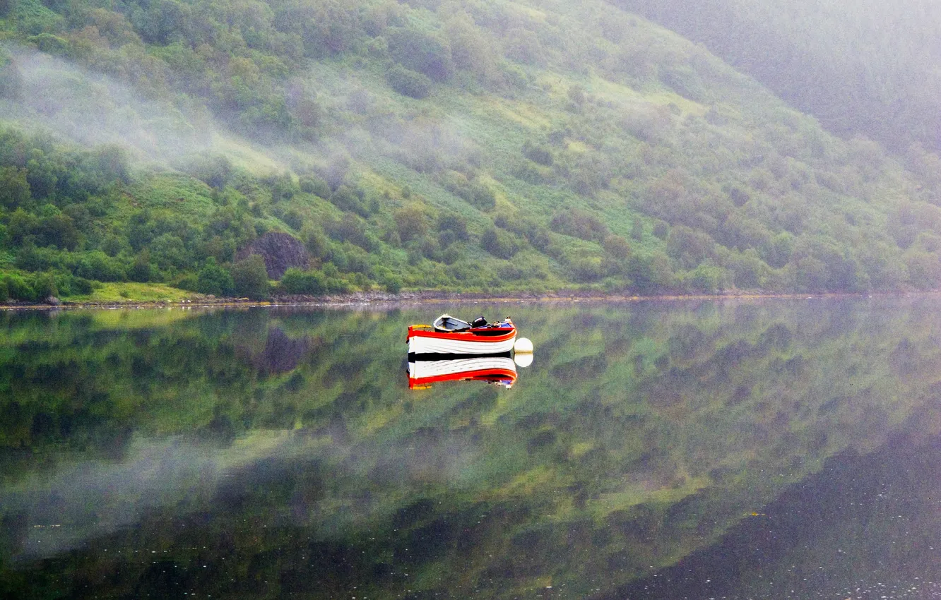 Photo wallpaper mountains, fog, lake, reflection, boat, mirror