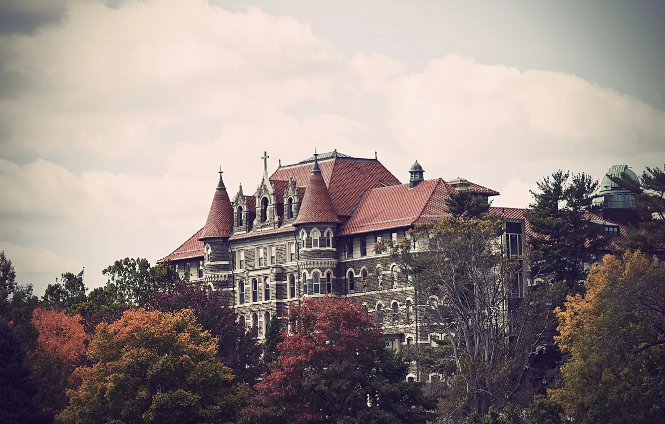 Photo wallpaper trees, building, USA, Philadelphia, PA, College, Philadelphia, chestnut hill college