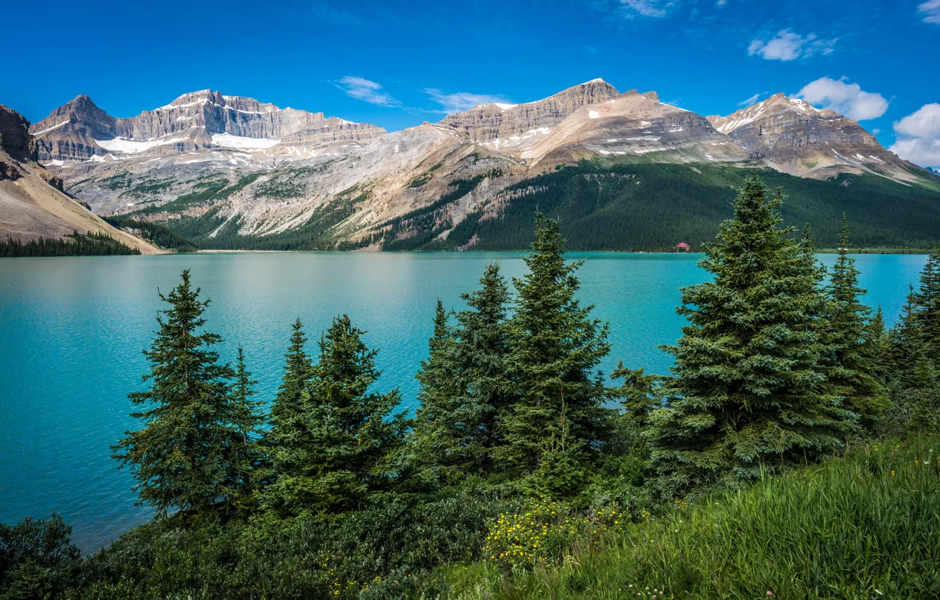 Photo wallpaper the sky, clouds, trees, mountains, lake, Banff National Park, canada, alberta