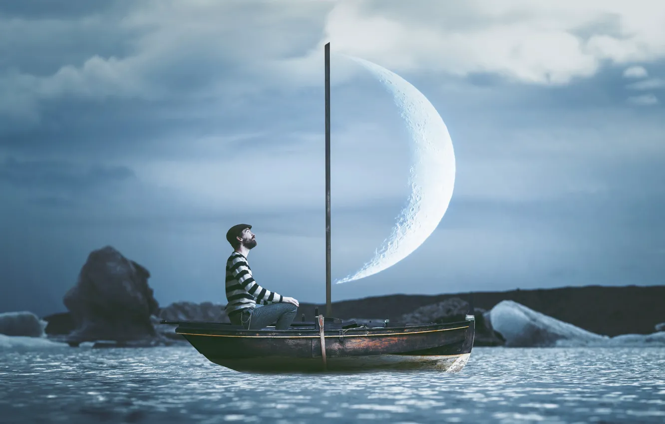 Photo wallpaper the moon, boat, people, sail