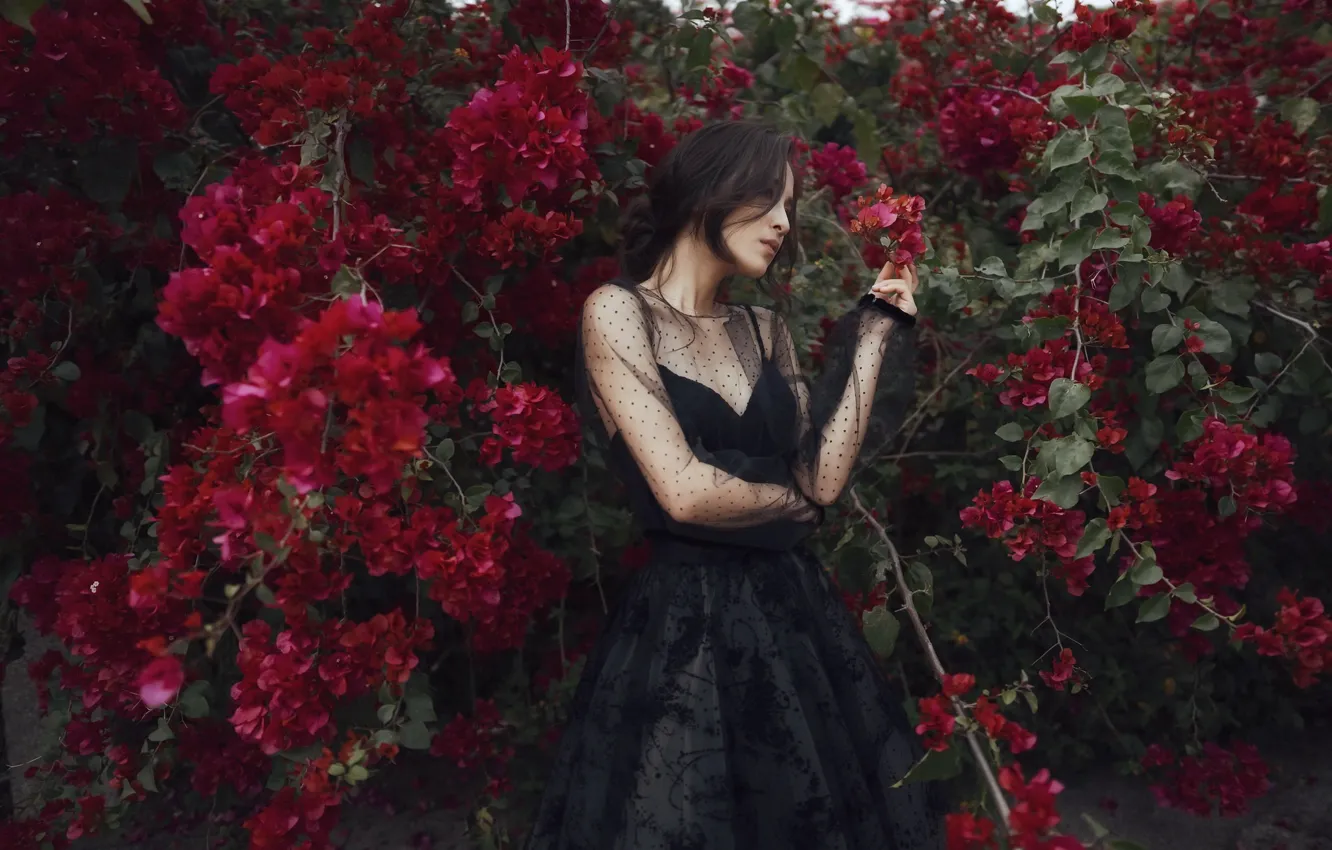 Photo wallpaper girl, flowers, Asian