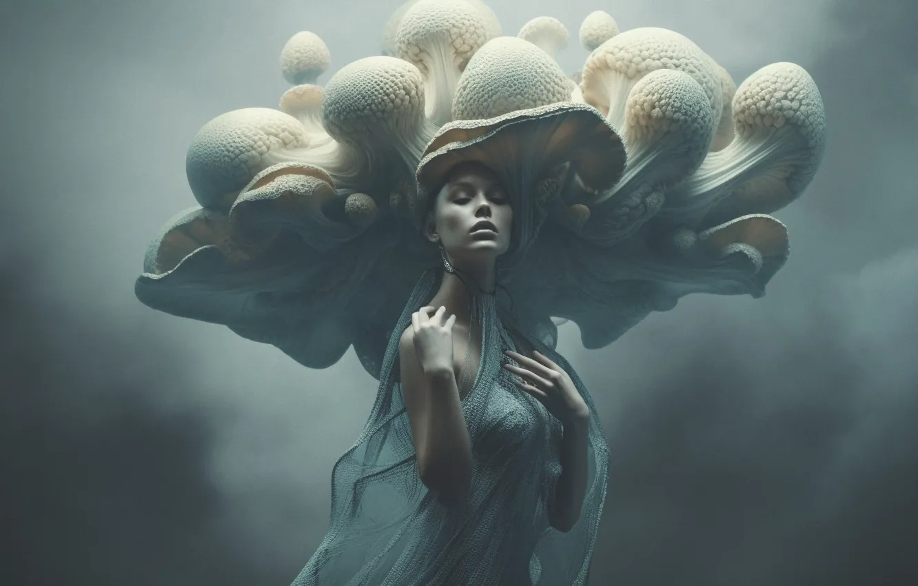 Photo wallpaper look, girl, clouds, pose, fog, smoke, mushrooms, hat
