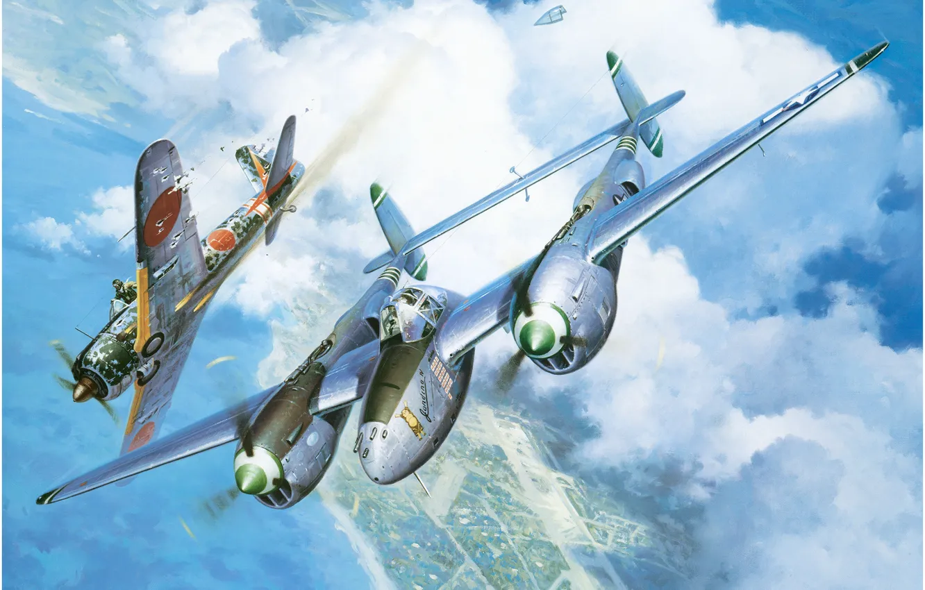 Photo wallpaper fighter, USA, Lightning, Lockheed, Nakajima, The second World war, P-38, Roy Grinnell