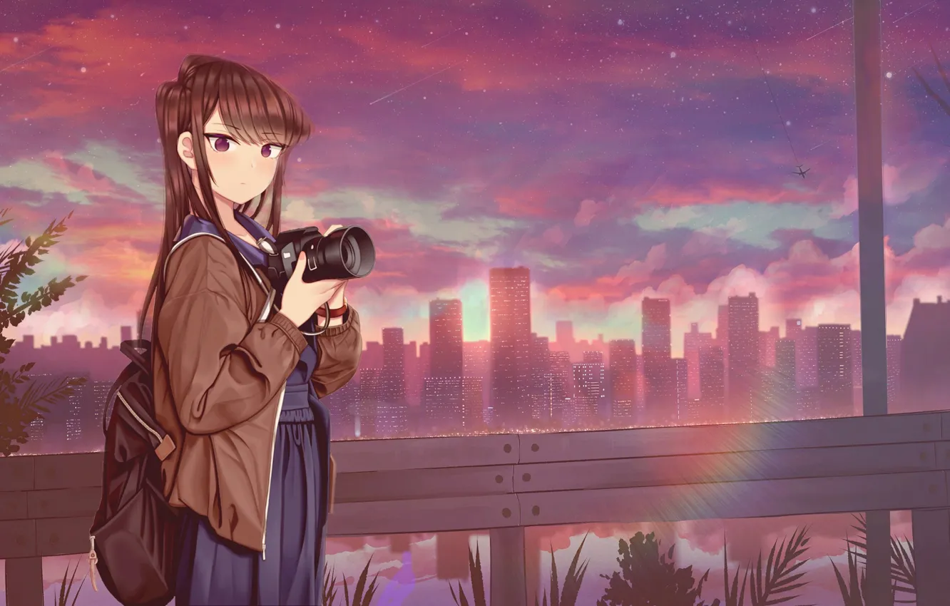 Photo wallpaper girl, sunset, the city, the camera, Komi Can't Communicate