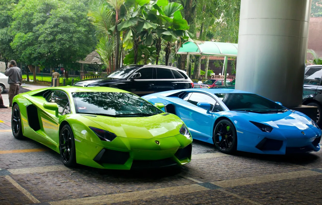 Photo wallpaper green, Lamborghini, blue, street, Aventador