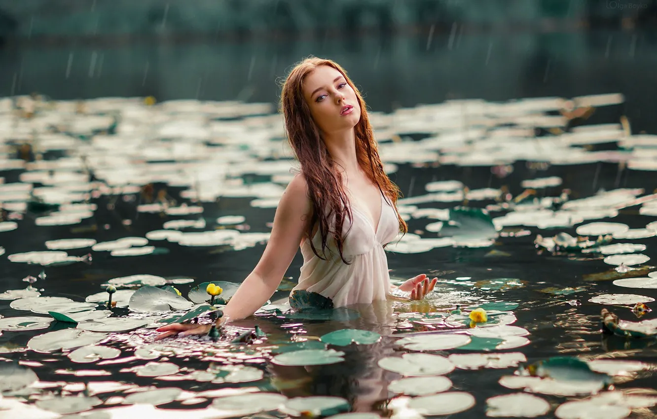 Photo wallpaper LILY, RAIN, NIGHTIE, POND, LAKE, SUNDRESS, Water LILIES, model Alexandra Girskaya