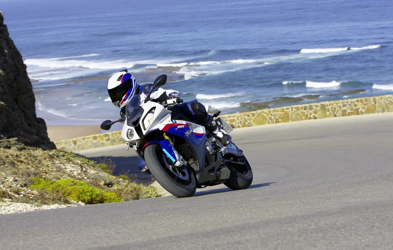 Photo wallpaper road, sea, summer, water, mountains, the ocean, rocks, motorcycles