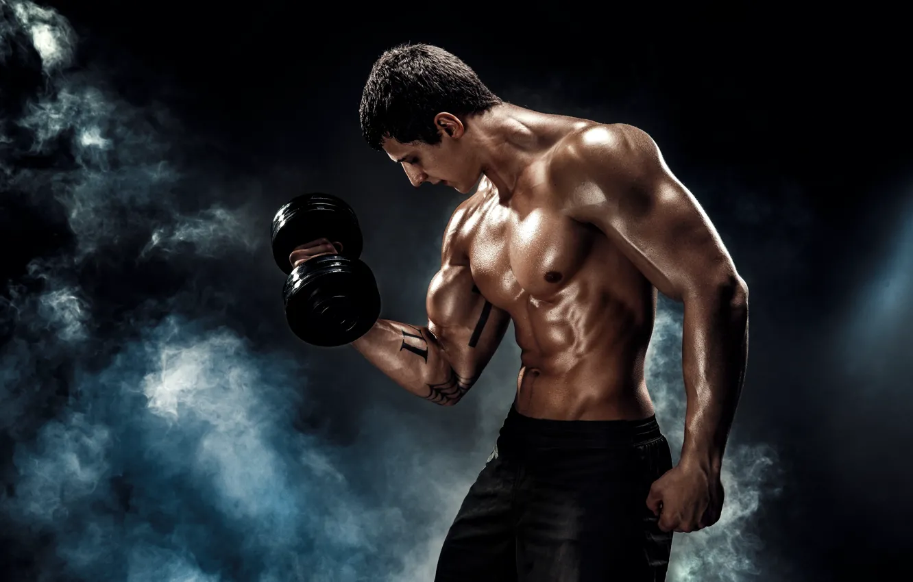 Photo wallpaper pose, figure, tattoo, male, fitness, torso, muscles, athlete