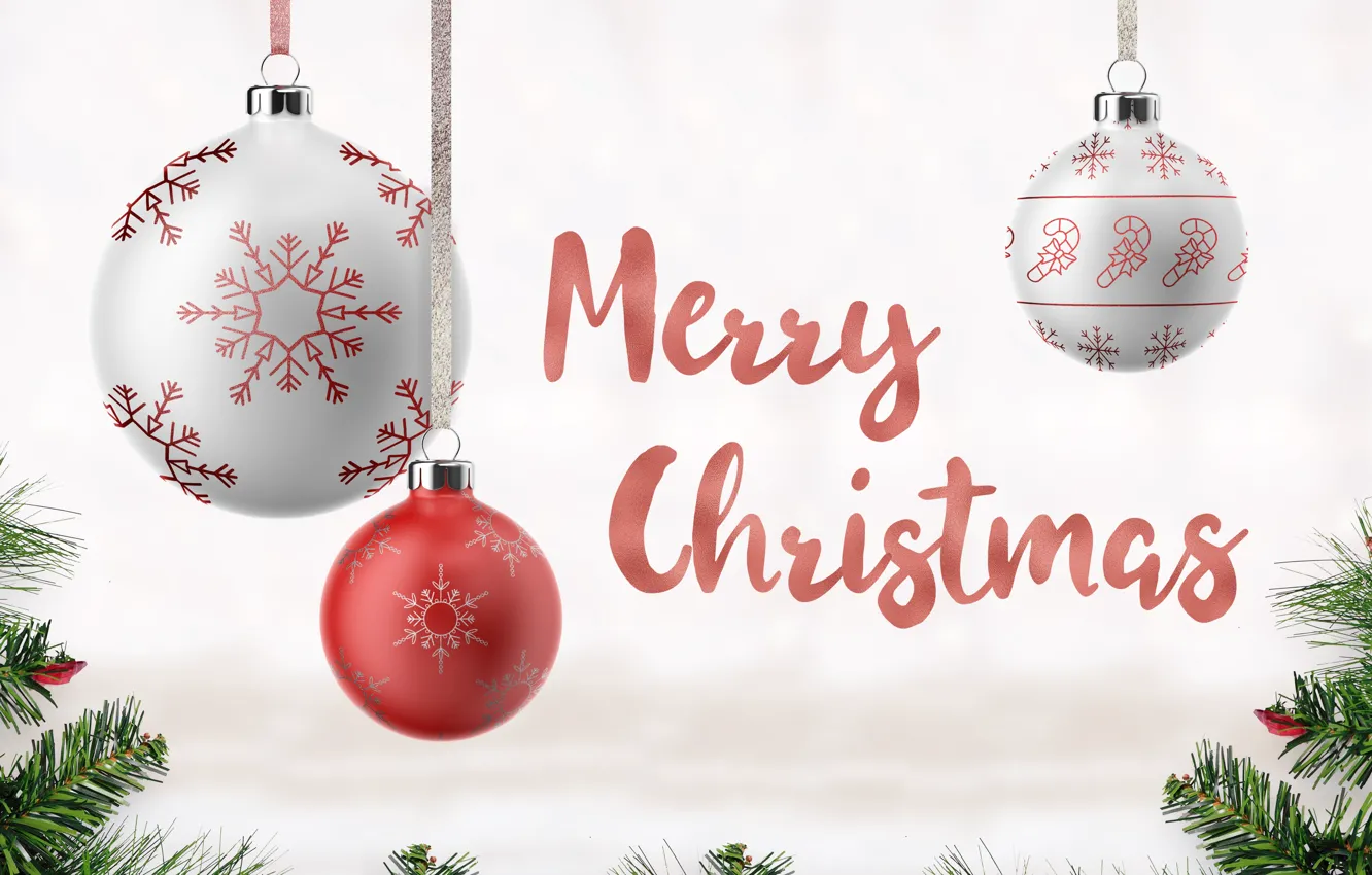 Photo wallpaper balls, holiday, the inscription, new year, Christmas, needles, Christmas decorations, new year decorations