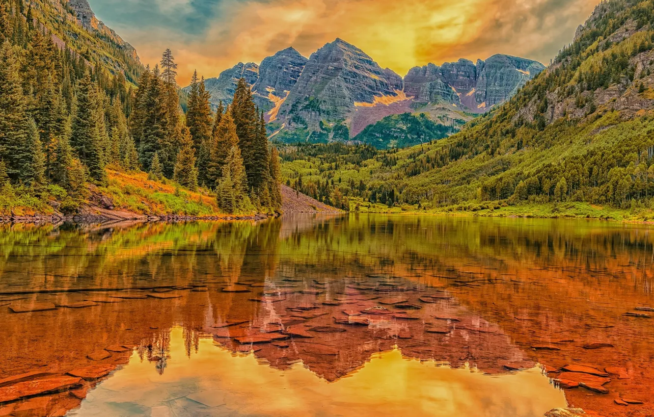 Photo wallpaper landscape, mountains, lake, beauty, red