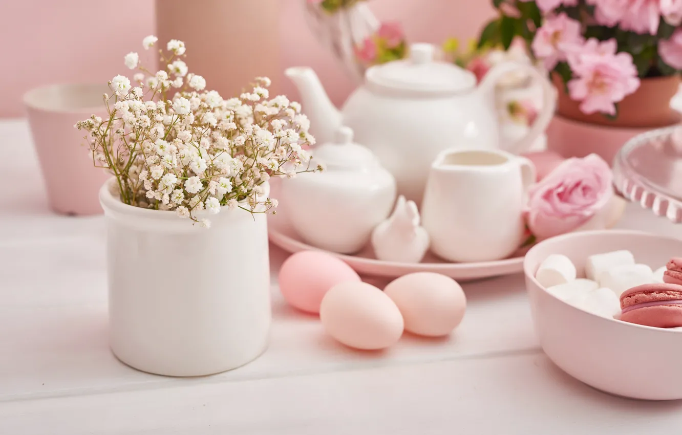 Photo wallpaper flowers, holiday, eggs, spring, Easter, dishes