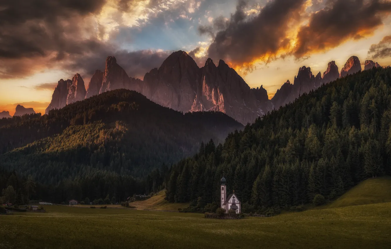 Photo wallpaper field, forest, light, sunset, mountains, clouds, slope, Alps