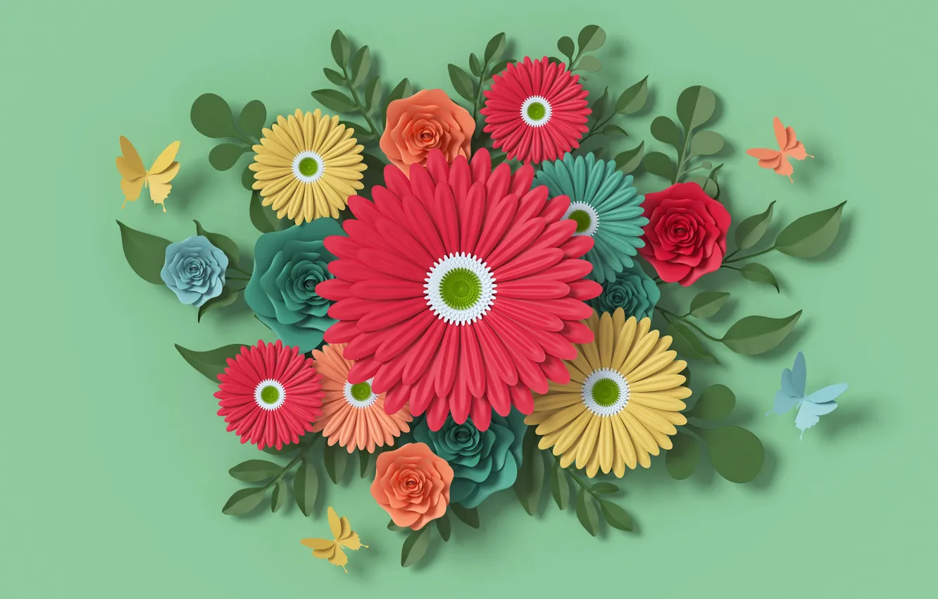 Photo wallpaper flowers, green, style, paper, background, color