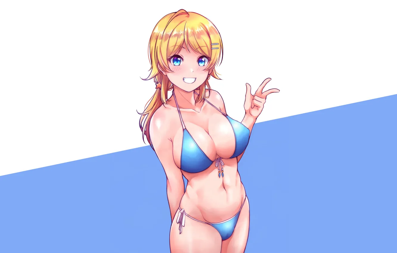 Photo wallpaper girl, sexy, cleavage, long hair, boobs, anime, blue eyes, beautiful