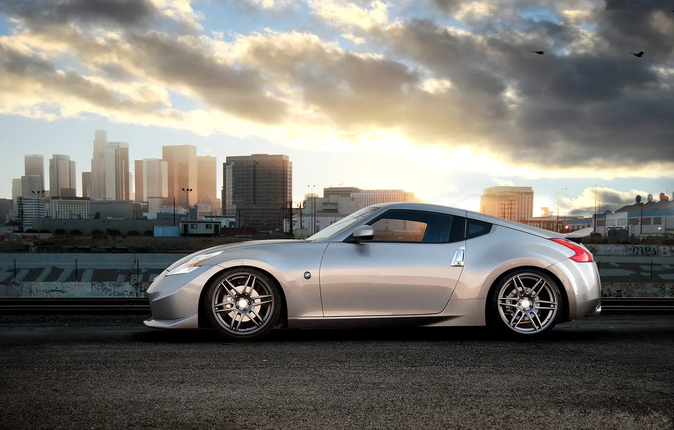 Photo wallpaper machine, auto, clouds, the city, tuning, Nissan, 370Z