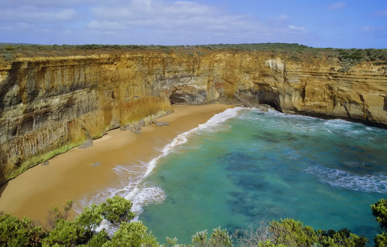 Photo wallpaper sand, sea, wave, beach, foam, trees, landscape, rocks