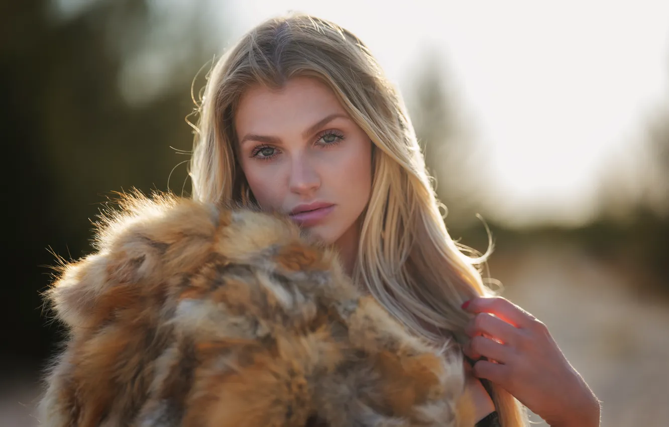 Photo wallpaper look, girl, face, pose, portrait, blonde, fur, long hair