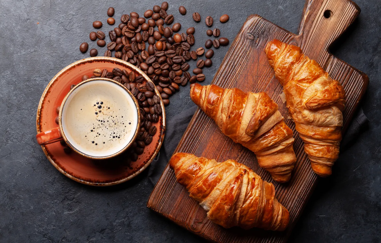 Photo wallpaper cup, coffee, croissant, a Cup of coffee, growing