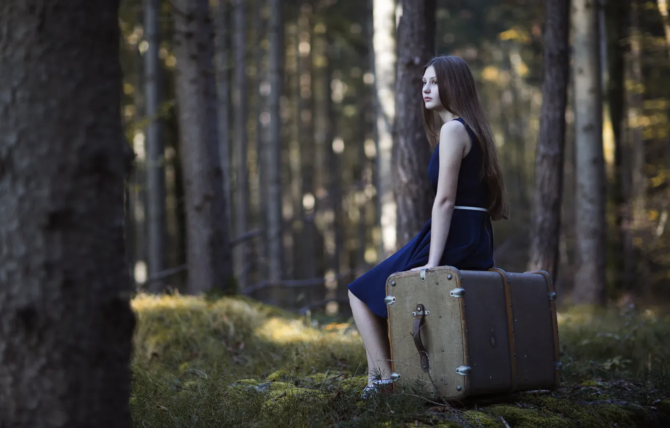 Photo wallpaper forest, girl, suitcase