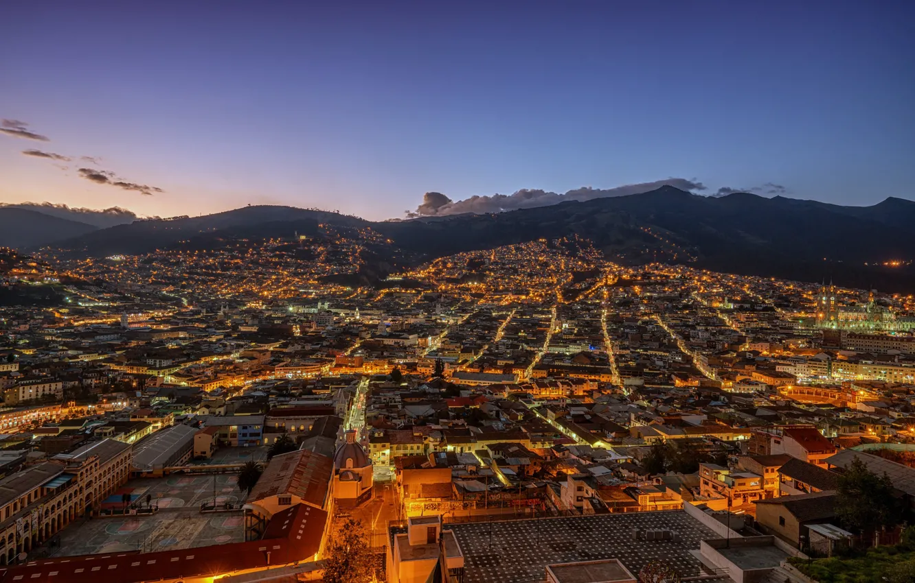 Photo wallpaper lights, mountains, clouds, morning, dawn, cityscape, Ecuador, Quito