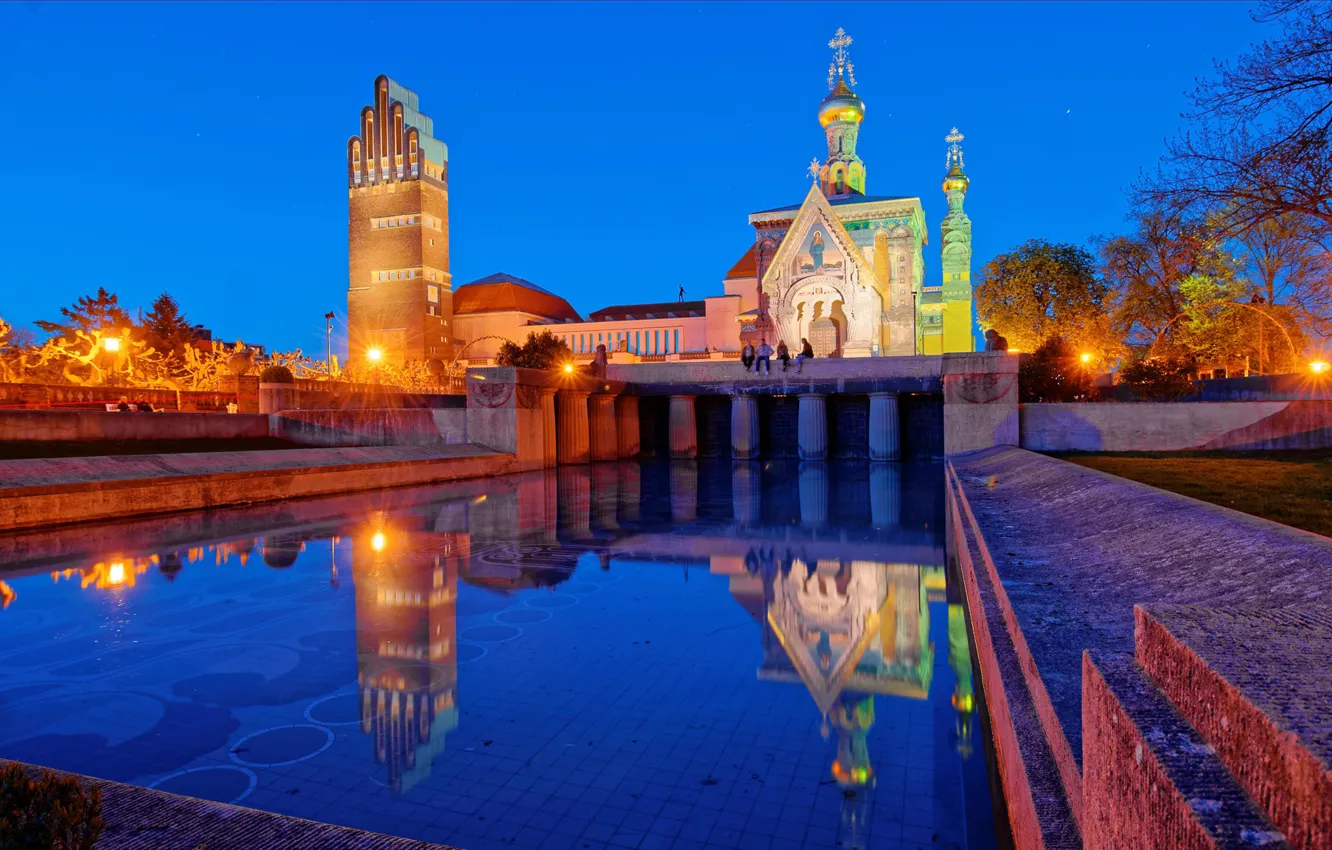 Photo wallpaper the sky, water, trees, lights, reflection, the evening, pool, Germany