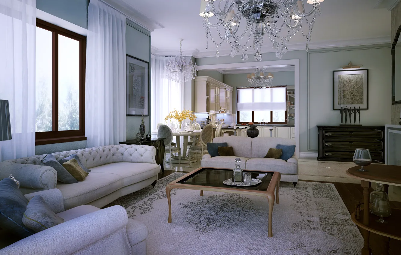 Photo wallpaper sofa, chairs, interior, pillow, kitchen, living room, living room, interior