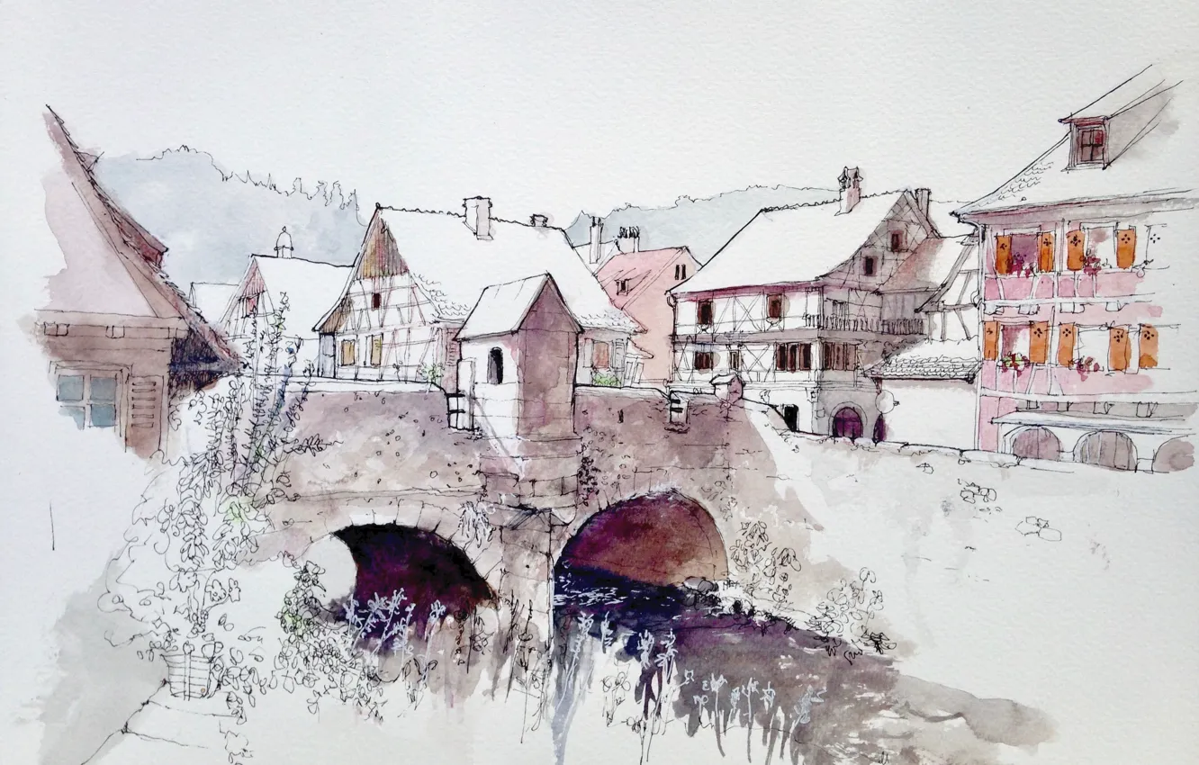 Photo wallpaper bridge, the city, figure, France, home, watercolor, Kaysersberg