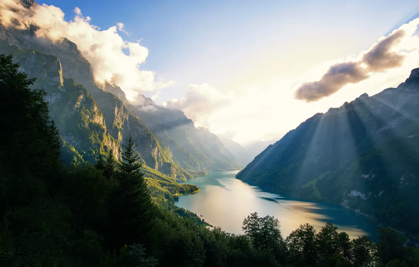 Photo wallpaper mountains, lake, forest, Switzerland, lake, Mounts, Klontalersee
