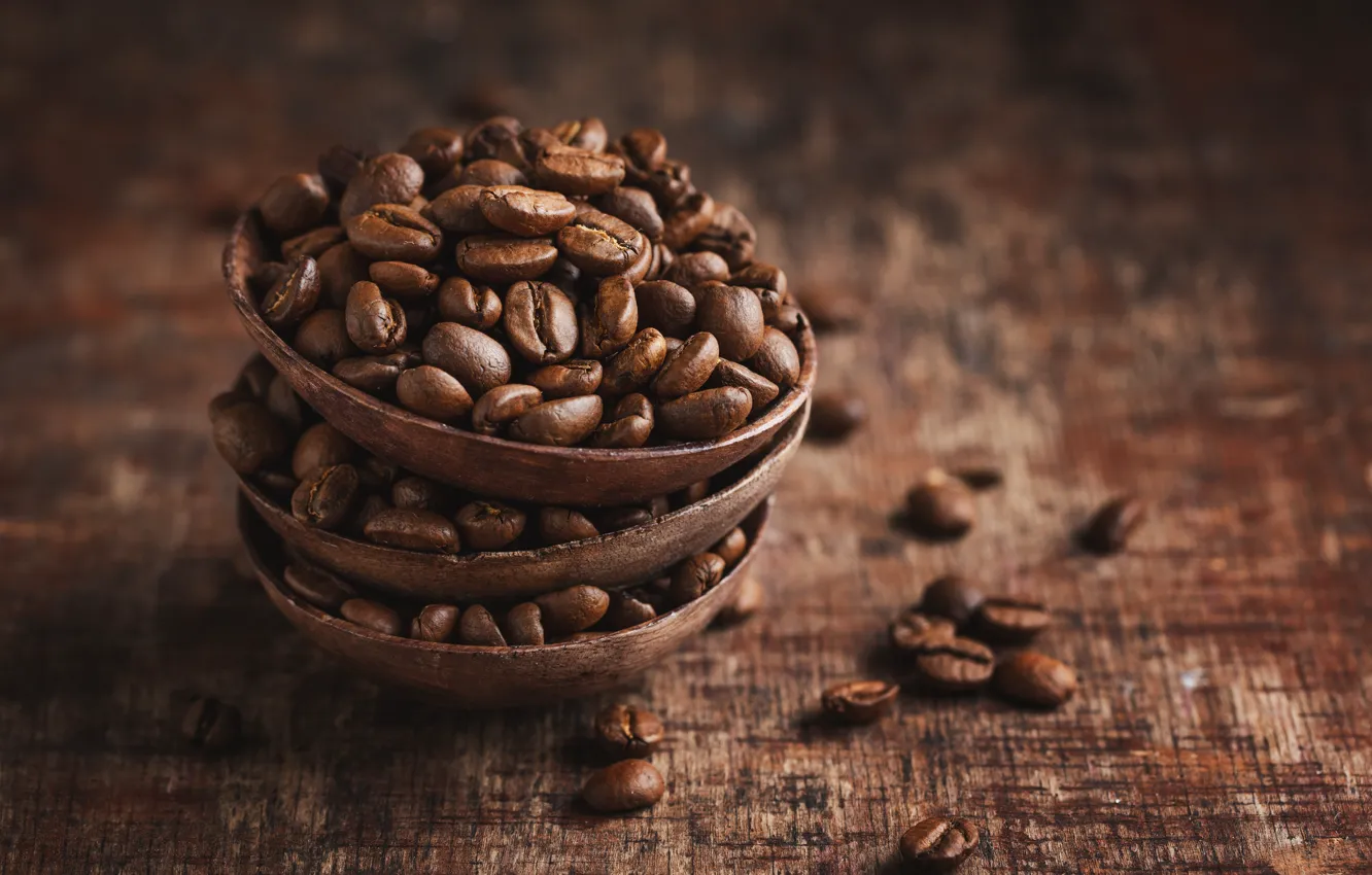 Photo wallpaper Board, coffee, stack, bowl, coffee beans