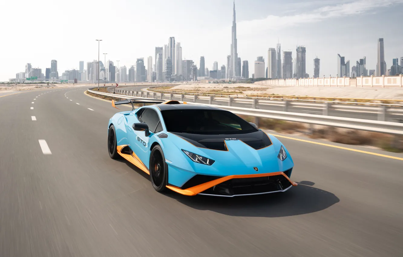 Photo wallpaper city, Lamborghini, road, blue, speed, orange, asphalt, Huracan