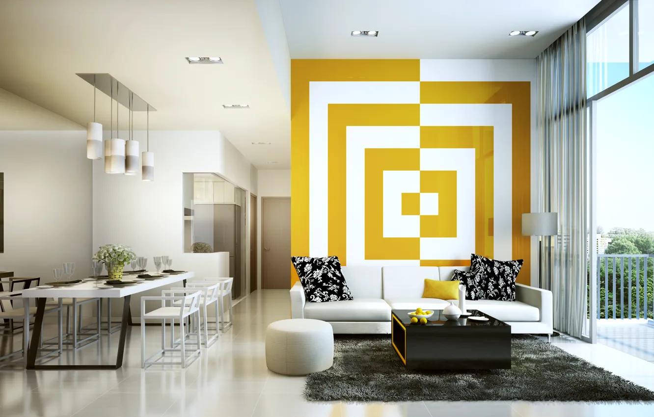Photo wallpaper white, yellow, living room, decoration