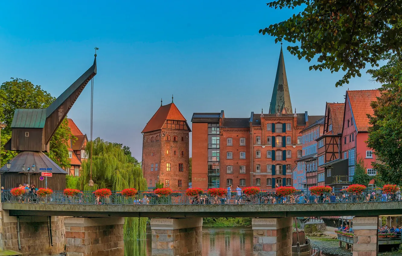 Photo wallpaper flowers, bridge, river, building, home, crane, Germany, Germany