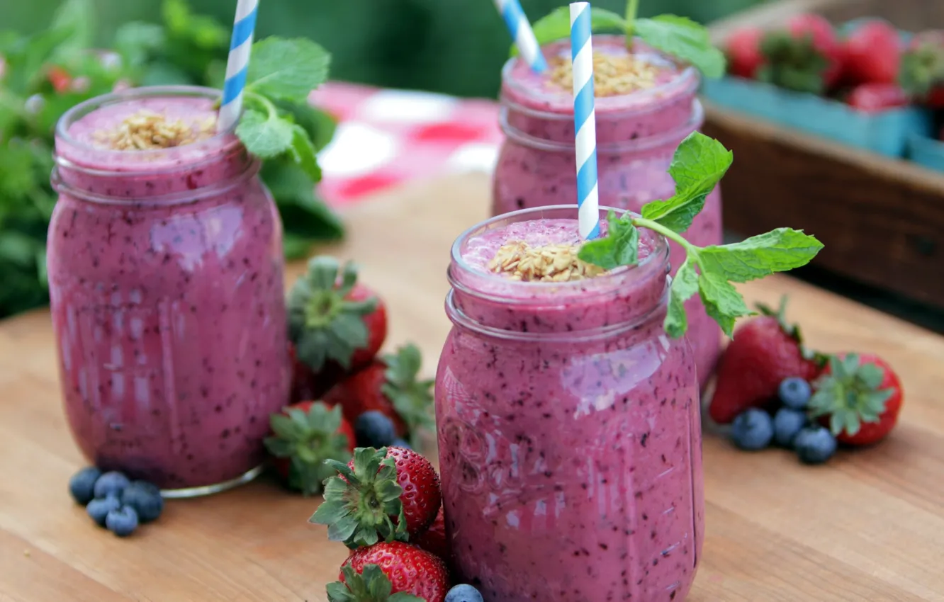 Photo wallpaper berries, smoothies with yogurt, drinks, smuzi