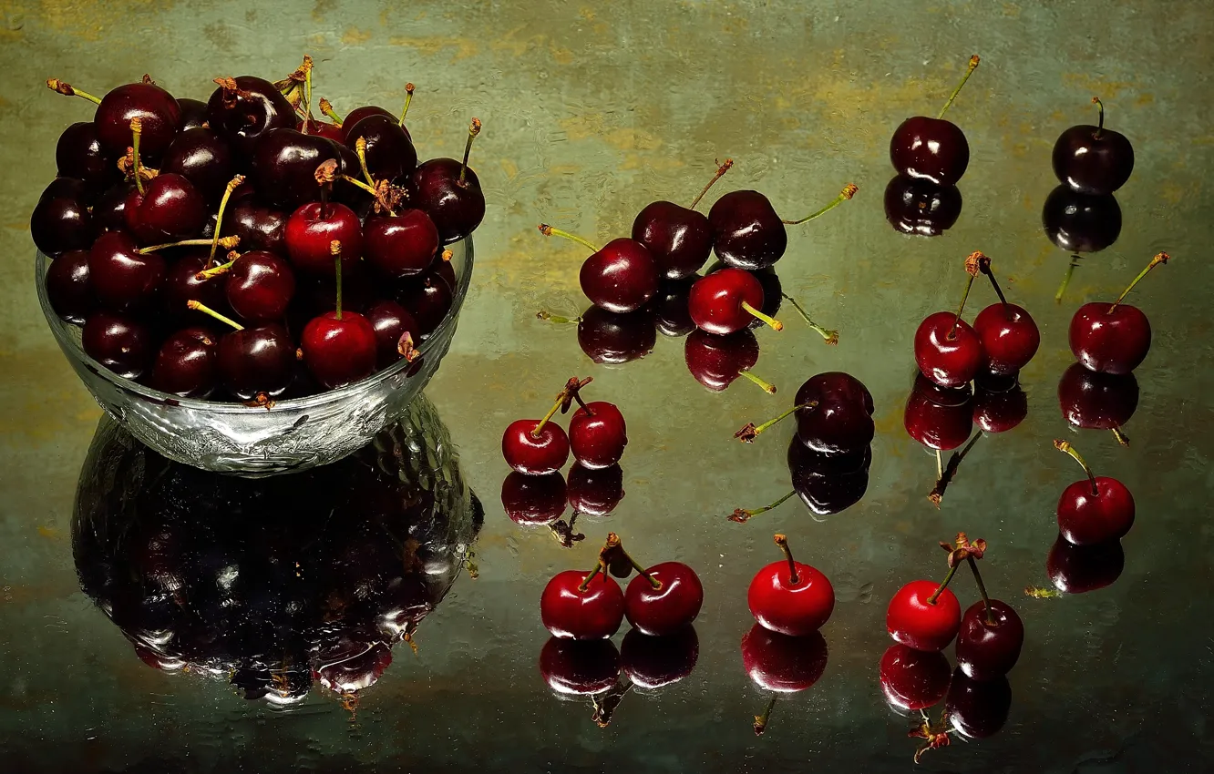 Photo wallpaper glass, cherry, reflection, berries, table, bowl, still life, placer