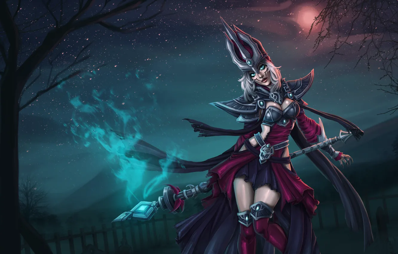 Photo wallpaper look, girl, night, magic, graves, dress, art, cemetery