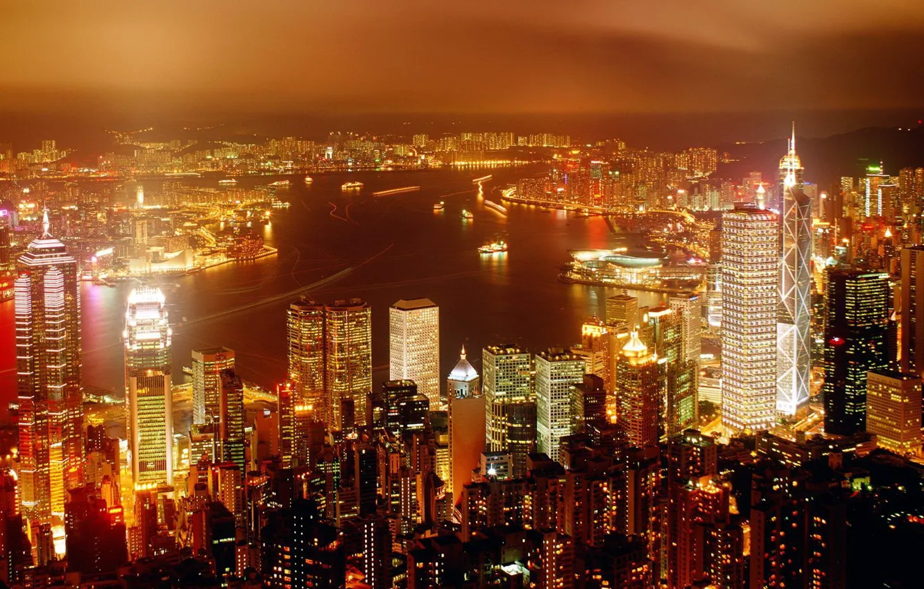 Photo wallpaper night, Hong Kong, skyscrapers, Lights