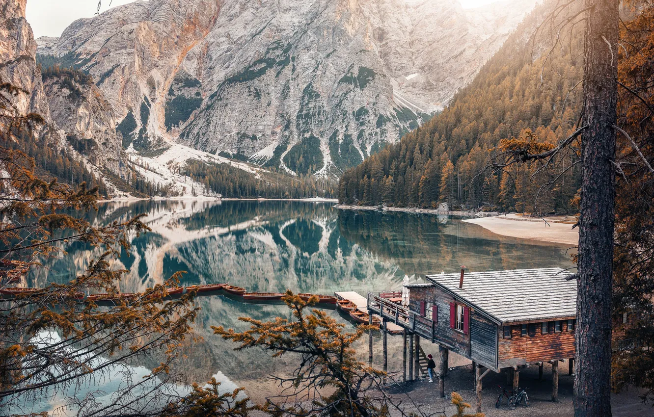 Photo wallpaper The Dolomites, Italy, mountains, Lake Braies