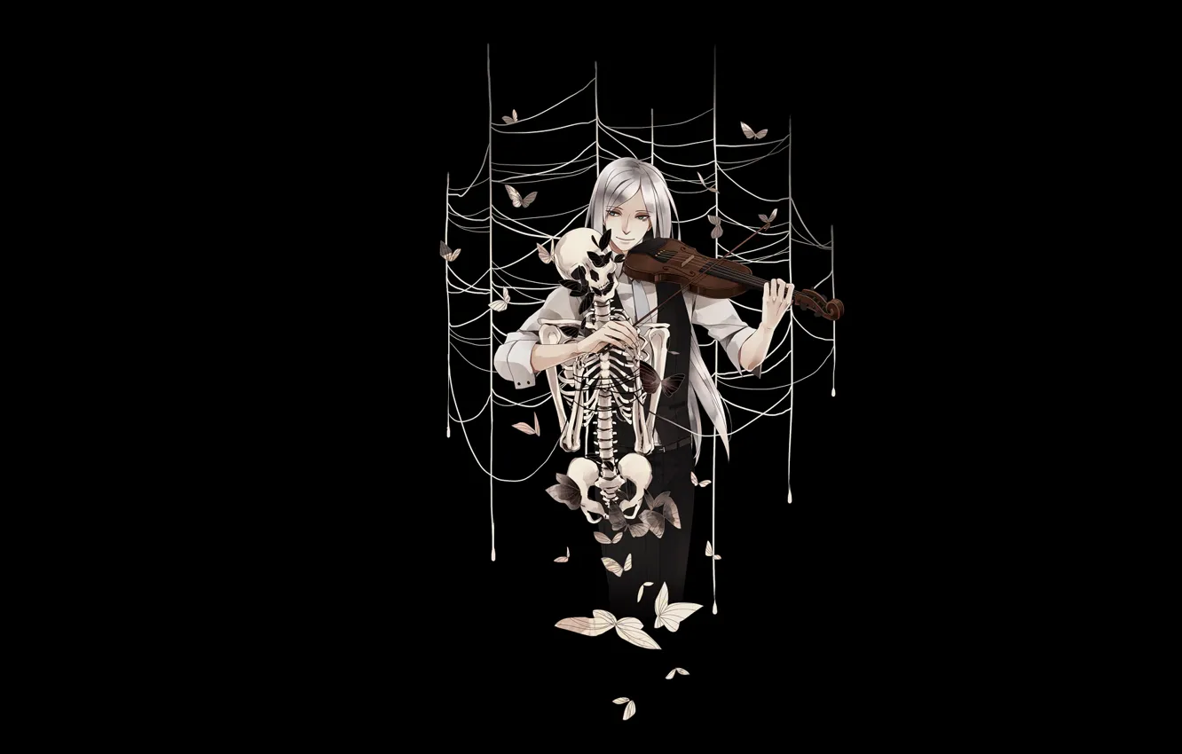 Photo wallpaper butterfly, violin, web, skeleton, Guy, black background
