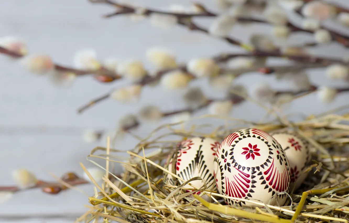 Photo wallpaper branches, holiday, pattern, eggs, spring, Easter, straw, ornament