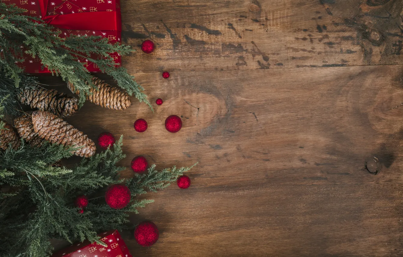 Photo wallpaper holiday, gift, toy, new year, bumps, fir-tree branches