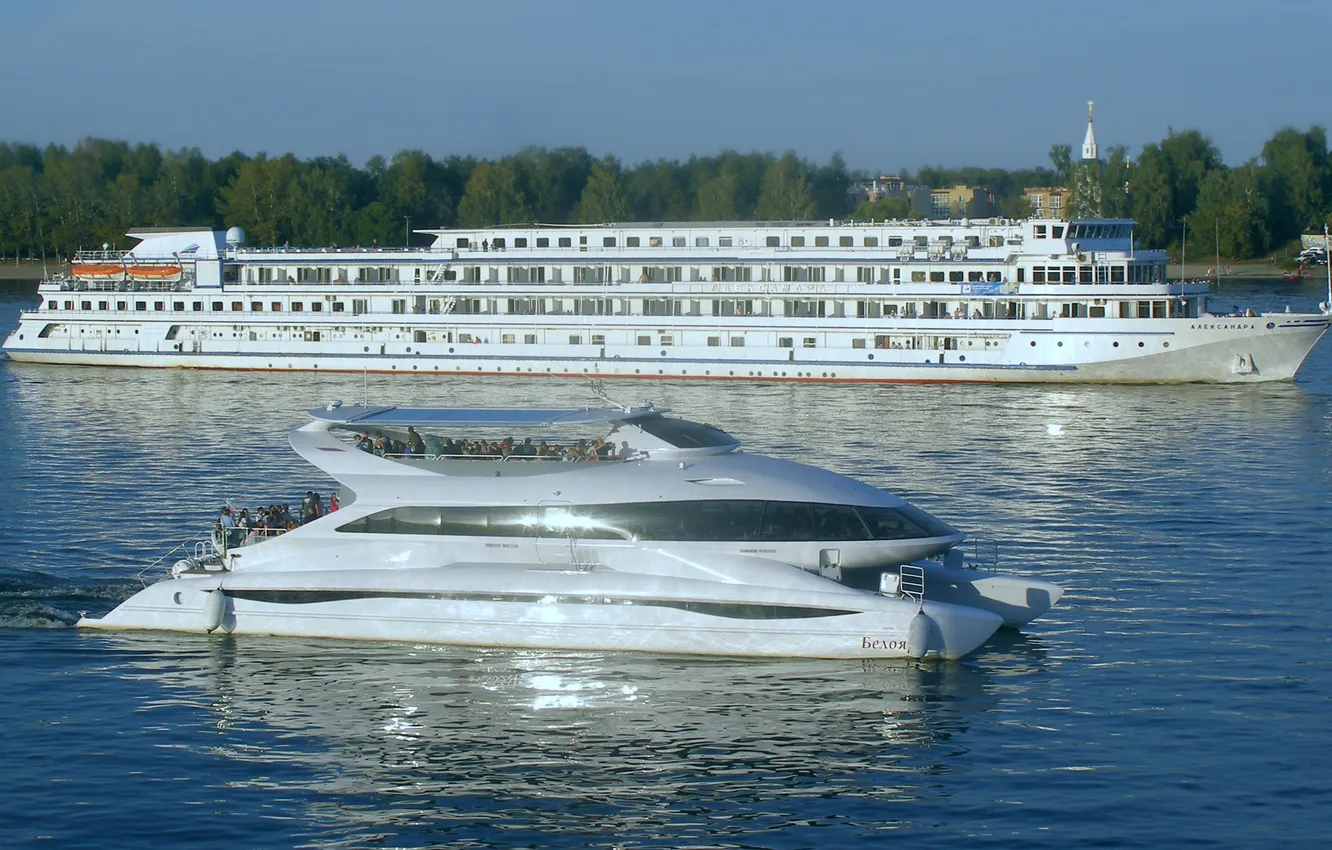 Photo wallpaper stay, river, cruise ship, pleasure catamaran