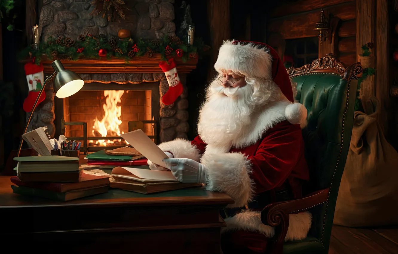 Photo wallpaper letter, new year, Christmas, fireplace, Santa Claus, neural network