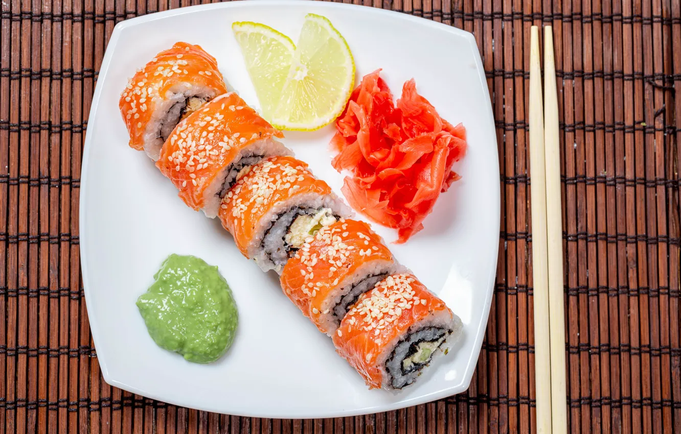 Photo wallpaper lemon, sushi, chopsticks