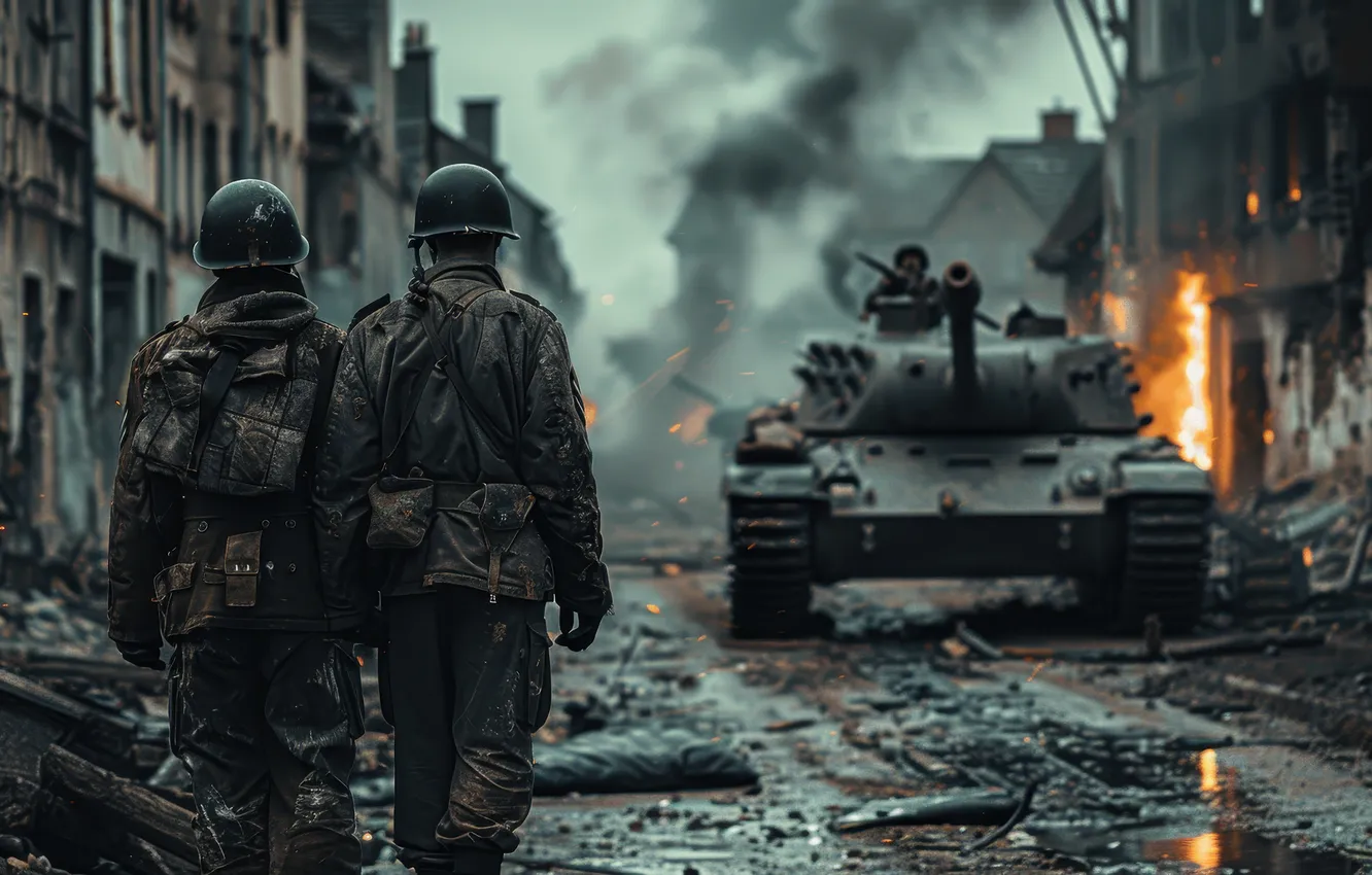 Photo wallpaper Home, Smoke, Fire, Building, Soldiers, Tank, WWII, The great Patriotic war