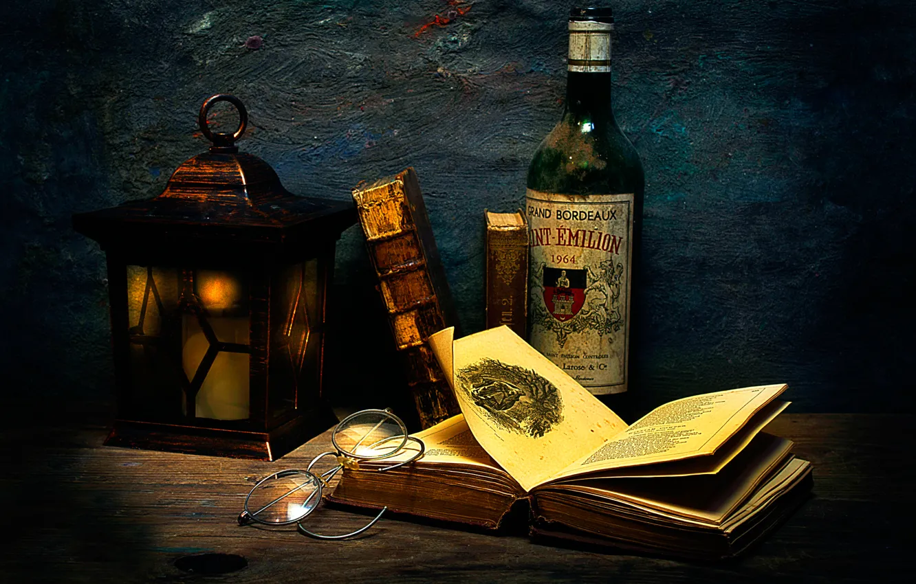 Photo wallpaper bottle, glasses, book, Time Capsule