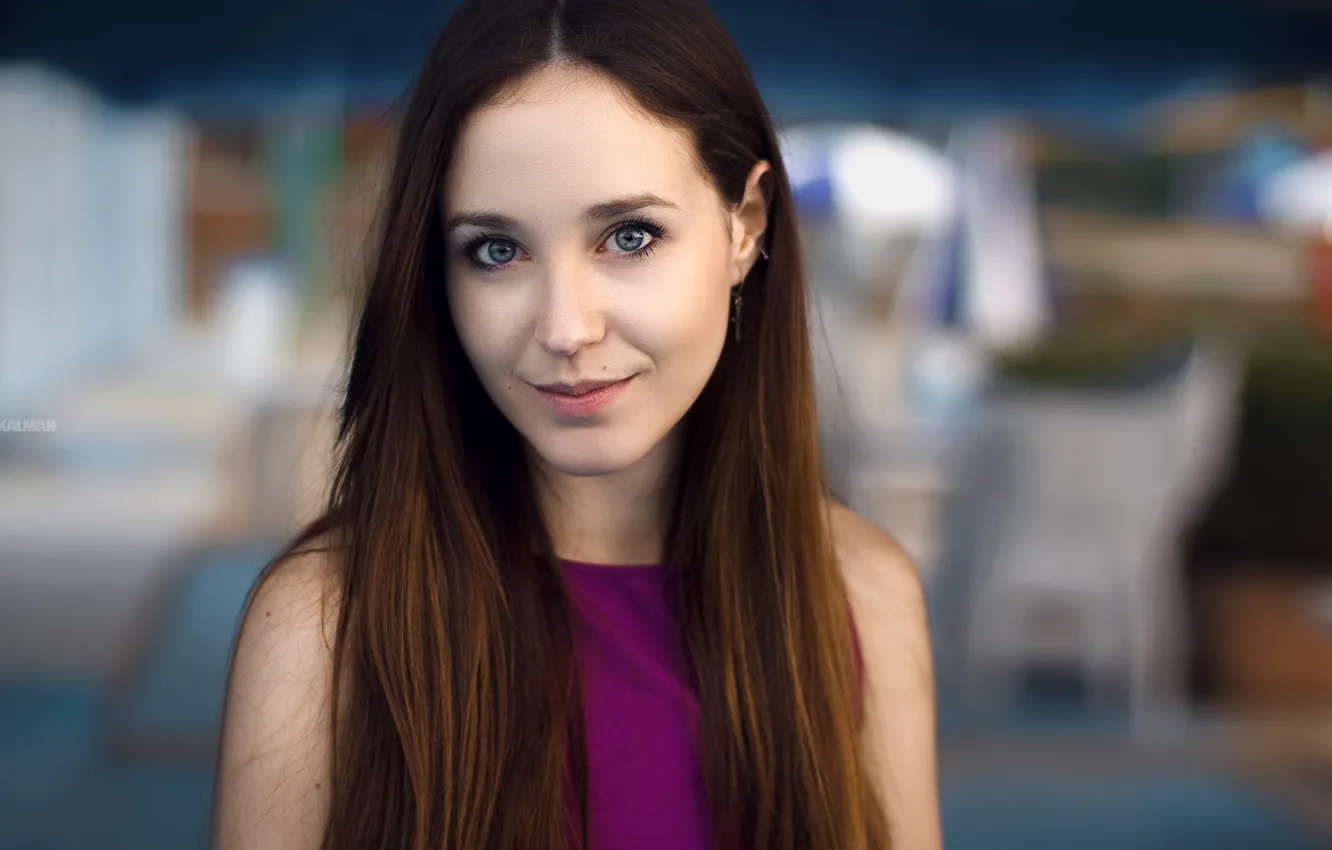 Photo wallpaper look, smile, background, model, portrait, makeup, hairstyle, brown hair