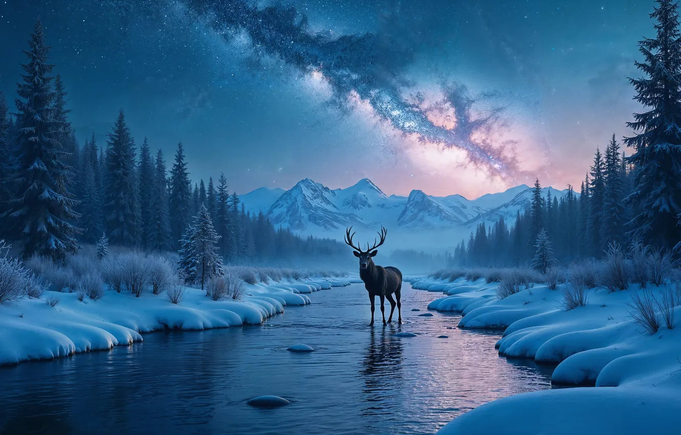 Photo wallpaper winter, forest, snow, mountains, river, tree, deer, forest