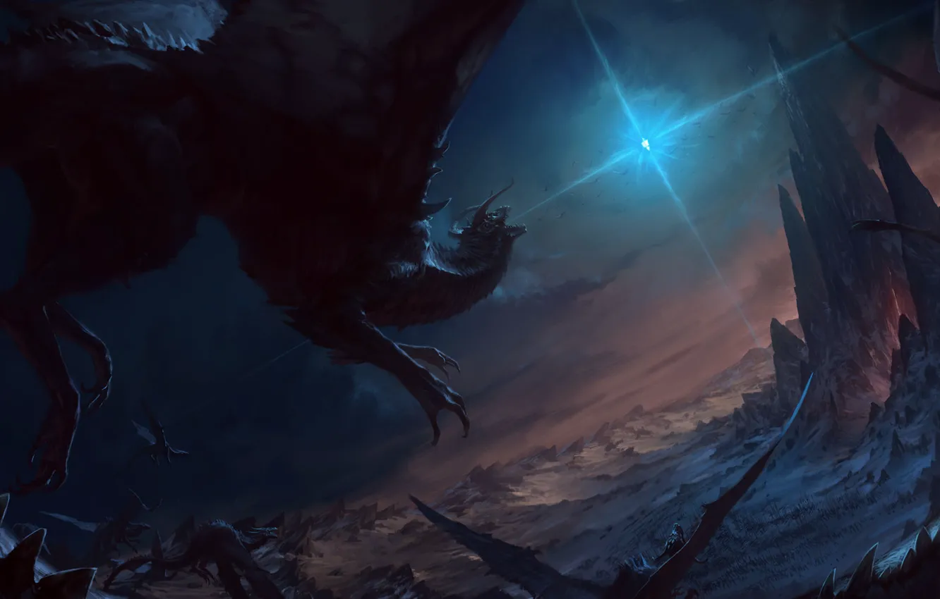 Photo wallpaper the sky, flight, rocks, dragon, wings, art